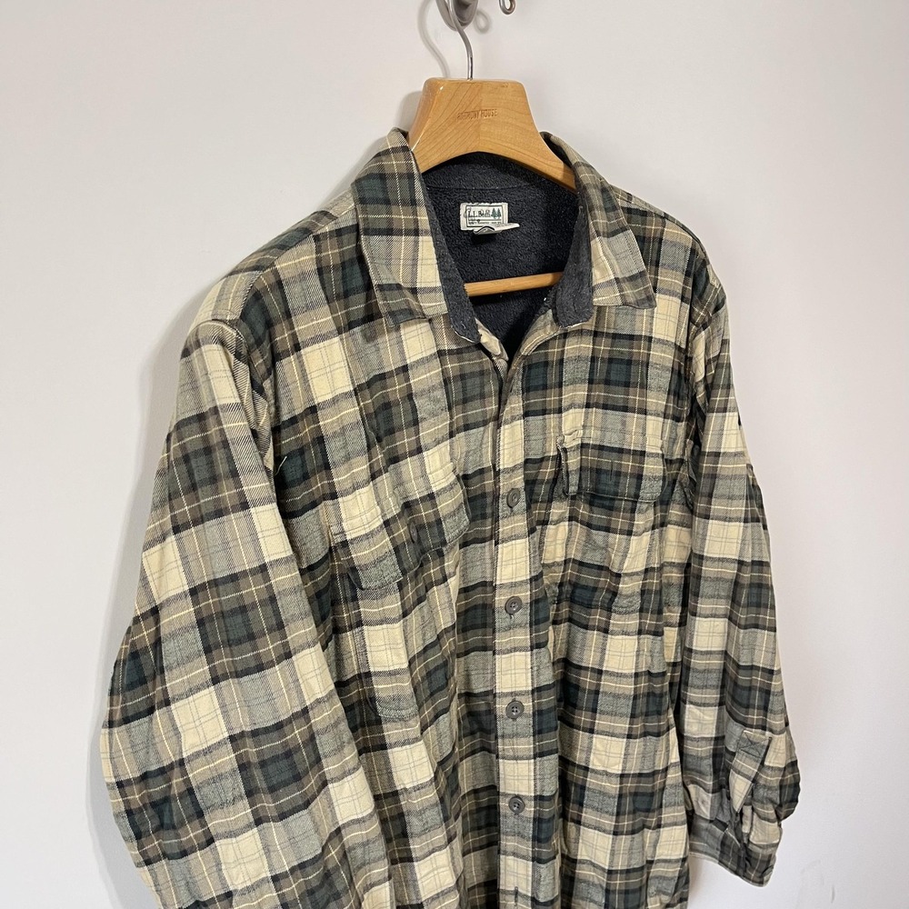 LL Bean Flannel Shacket Jacket Mens XL Green Plaid Fleece Lined Shirt Outdoor - Picture 2 of 5